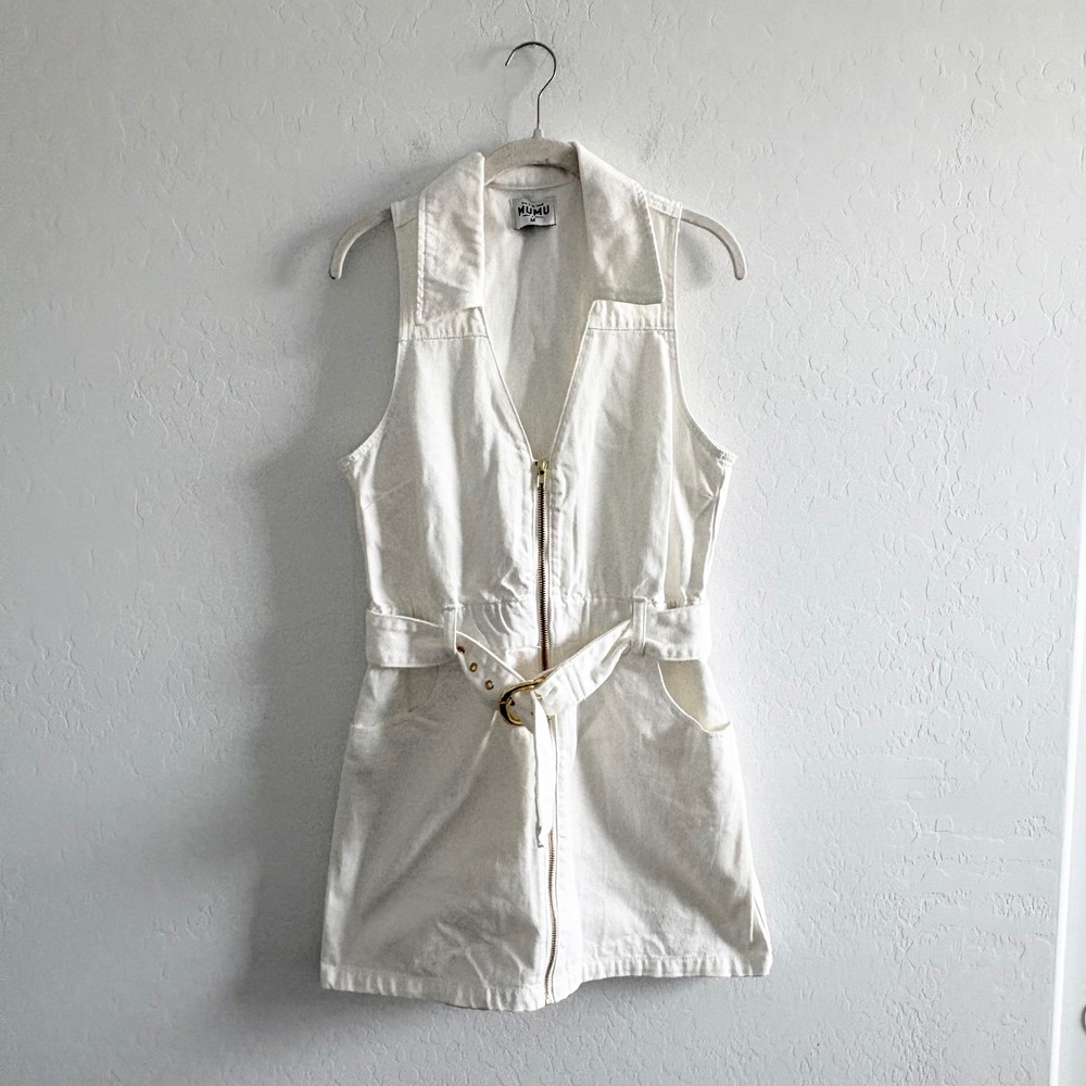 Show Me Your Mumu Oxford Tank Dress Seasalt White Belted Zip Front Mini Medium - Picture 3 of 8